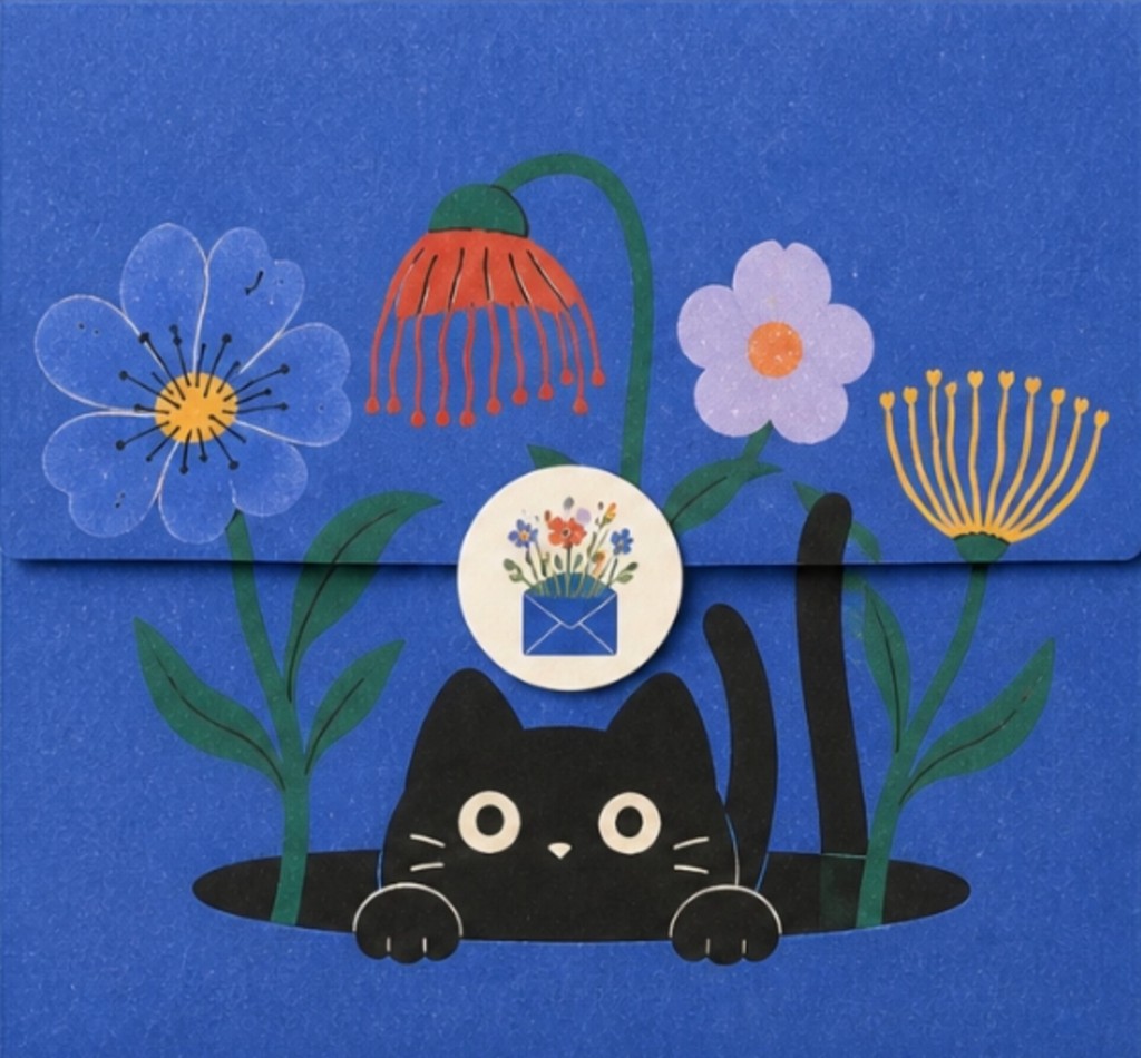 A blue envelope with a black cat peeking out of a hole among paper-cut flowers, sealed with a floral mail sticker